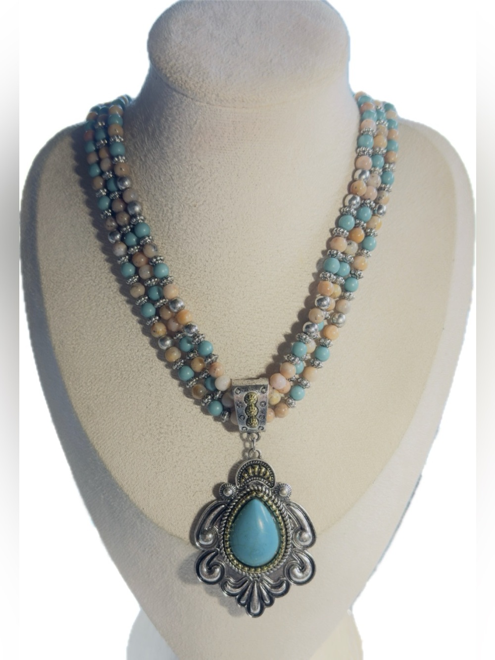 12”adjustable Shyanne Turquoise and Beige Beaded Necklace with Silver-Tone Pend